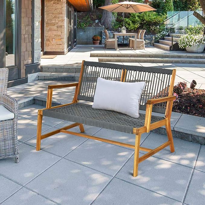 Tangkula 2-Person Patio Acacia Wood Bench Loveseat, Outdoor Patio Rope Bench in Teak Oil Finish, for Balcony Deck Poolside Porch (Grey)