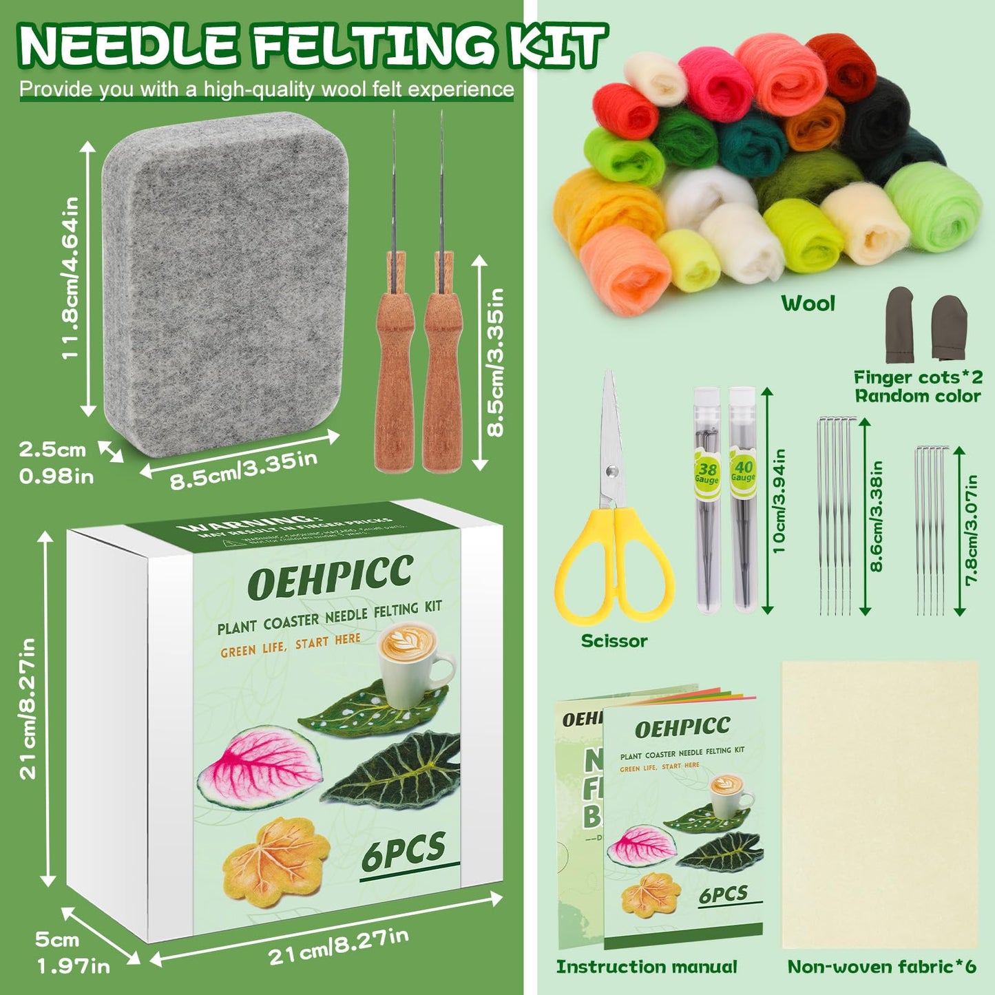 OEHPICC Needle Felting Kit, 6 Pcs Plant Leaf Coasters Needle Felting Starter Kit,Wool Felting Kit with Wool Roving, Foam Pad and Instructions for DIY Felting Starters
