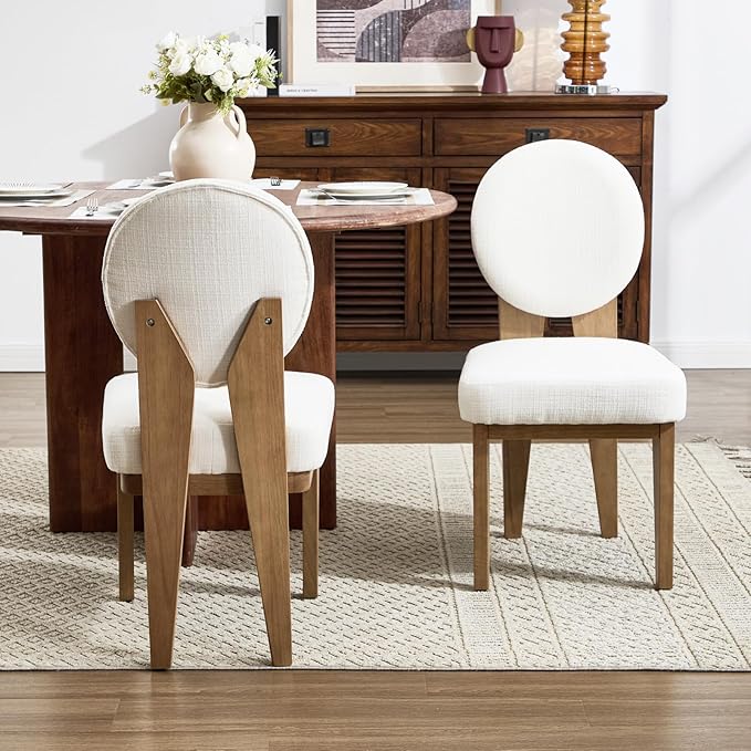 Mid-Century Modern Walnut Dining Chairs Set of 2, Vintage White Wooden Kitchen Chairs, Retro Upholstered Linen Cushioned Seat with Curved Backrest, Armless Accent Side Chair for Bedroom
