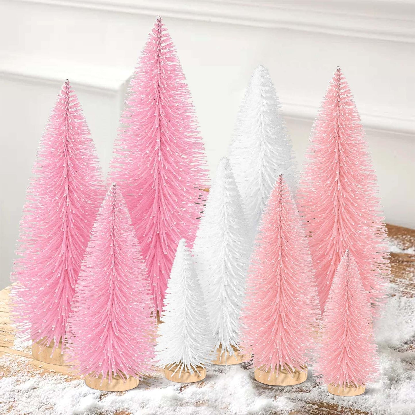 9Pcs Mini Christmas Trees Christmas Decor Artificial Christmas Decorations with 4 Sizes, Christmas Tree Bottle Brush Trees Christmas Table Decorations (Pink Light Pink White)