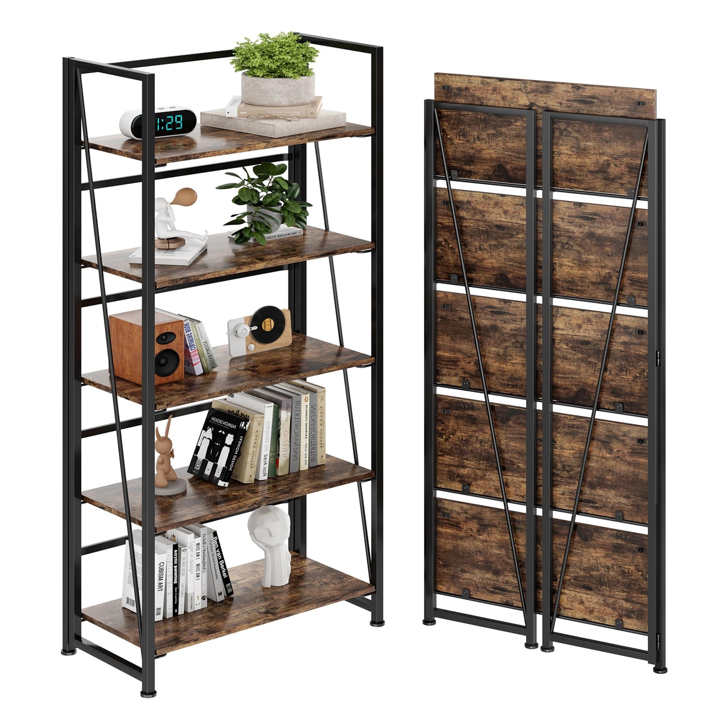 BHG Vintage Multifunctional Folding Bookshelf, No-Assembly Plant Stand Storage Rack Shelves for Home Office (Fire, 5-Tier)