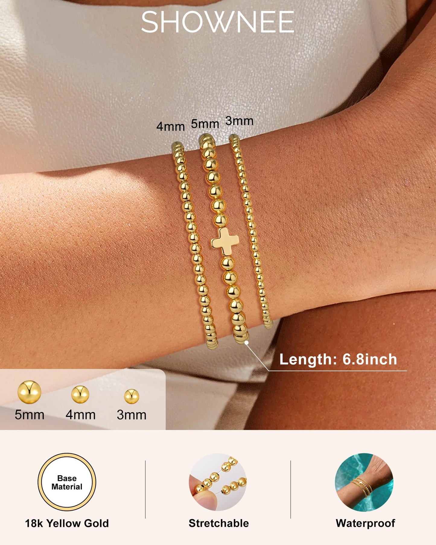shownee Gold Bracelets for Women - 18K Gold Beaded Bracelets Stack Strand Bead Ball Bracelet No Tarnish Stackable Jewelry Set for Mother's Day Birthday 6.8 inch Small Graduation Gift for Her