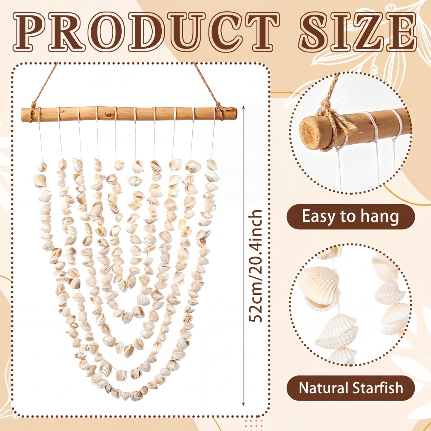 Novabright Seashell Wall Hanging Decor Coastal Beach Shells Wind Chimes 20.4 Inch Handmade White Sea Shells with Driftwood Farmhouse Rustic Ocean Wall Art for Summer Bedroom Bathroom Living Room