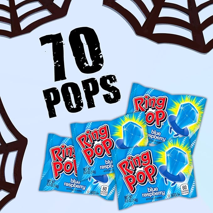 Ring Pop Individually Wrapped Candy 70 Count Bulk Lollipop Pack – Christmas Candy Bulk Individually Wrapped, Blue Raspberry Flavored Lollipop Suckers, Gender Reveal, Baby Showers & Stocking Stuffers
