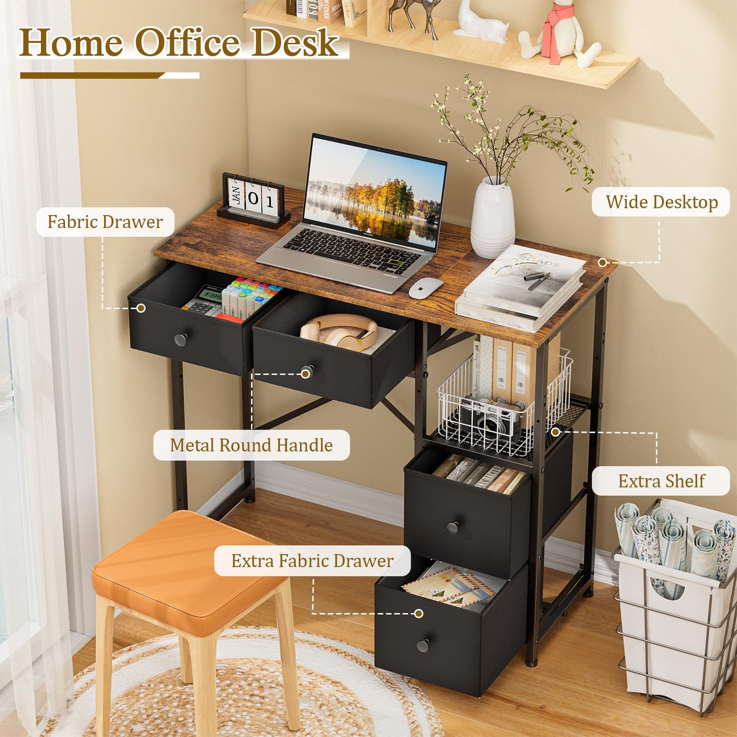3IngSeagulls Small Computer Desk with 4 Fabric Drawers, Simple Writing Desk for Home Office, Compact Study Desks for Small Spaces, Kids Desk Study for Bedroom, Rustic Brown