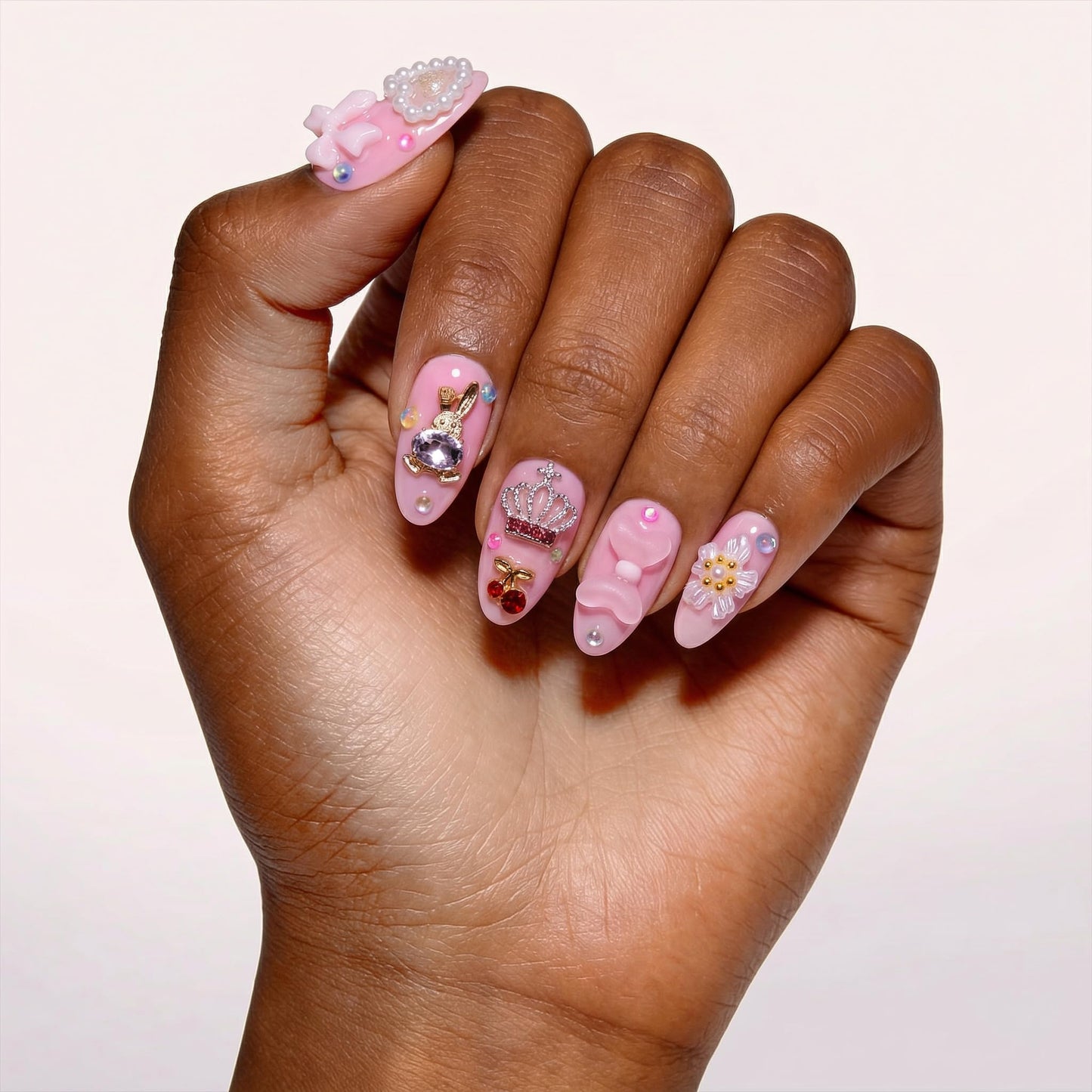 24Pcs Handmade Press on Nails,3D Pink Bow Medium Length Almond Shape Fake Nails with White Flower,Cute Manicure Kit for Women and Girls