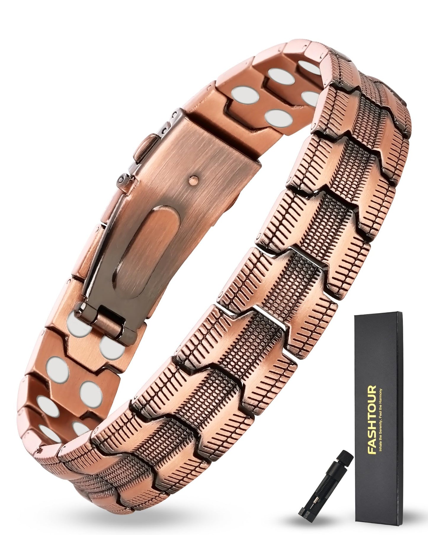 Fashtour Copper Bracelet for Men, 2X Strength 99.99% Pure Copper Magnetic Bracelet with Magnets, Butterfly Clasp Design, Adjustable Length with Sizing Tool (Copper)
