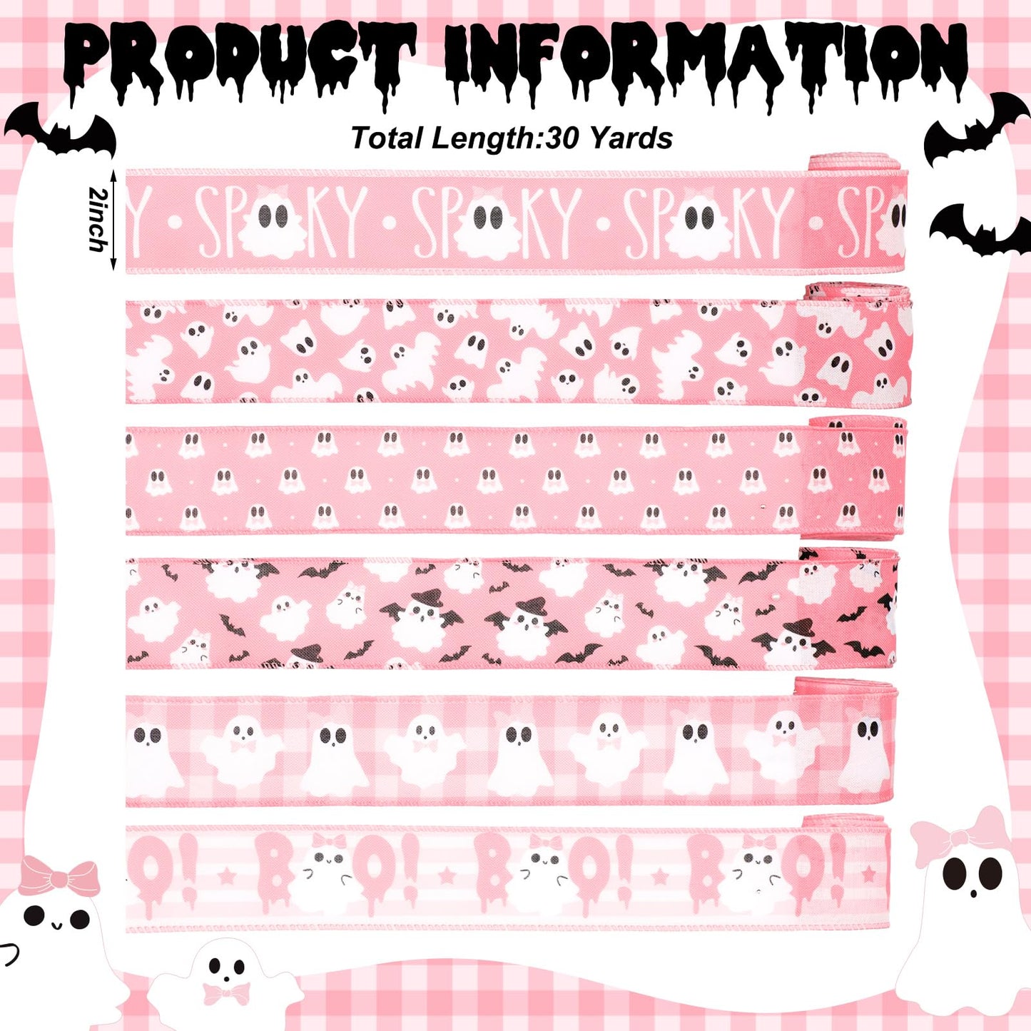 Wavyknot 6 Rolls Halloween Ghost Wired Edge Ribbon 2 Inch x 30 Yards Halloween Ghost Ribbon for Wreaths Pink for Floral Bow Making Wreath Craft DIY Party Decor