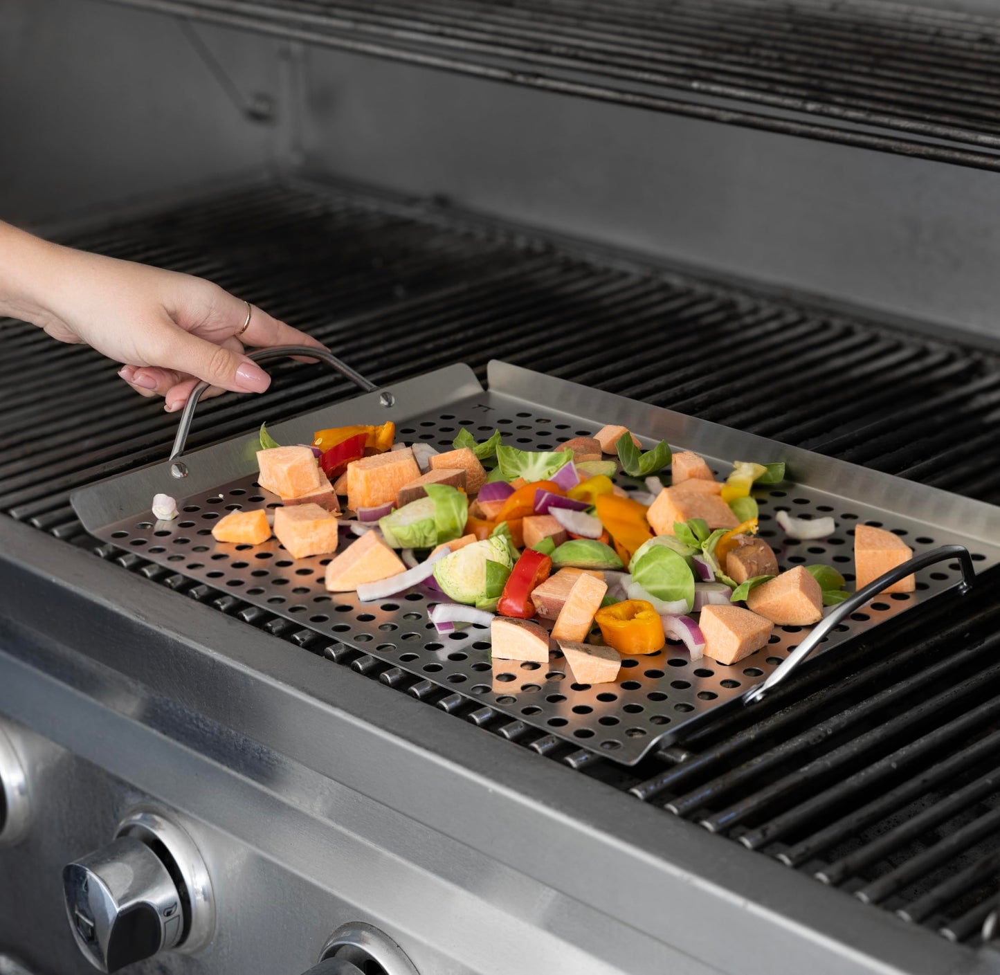 Outset Stainless Steel Grill Topper Grid, Set of 2, 11"x7" and 11"x17" BBQ Basket Trays