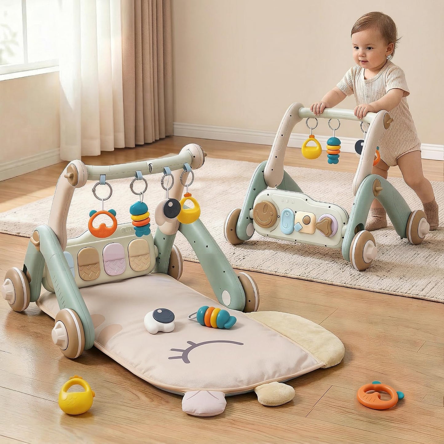 Jovow 2 in 1 Baby Gym with Walker,Baby Play Mat with Double-Sided Multifunctional Removable Play Piano Panel, Educational Sensory Toys for 0-24 Months Boy Girl [White]