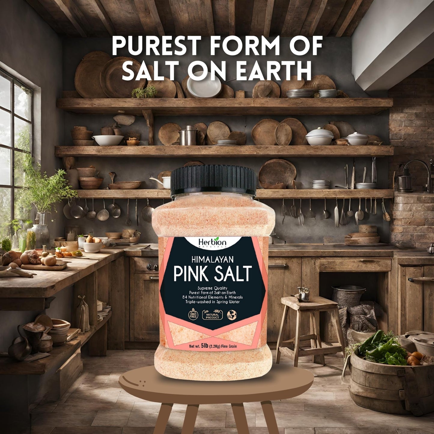 Herbion Naturals Premium Himalayan Cooking Essentials – Pink Salt 5 lbs & Salt Grinder Bottle | Mineral-Rich Seasoning, Pantry Staple & Fresh-Grind Flavor | 2-Piece Bundle