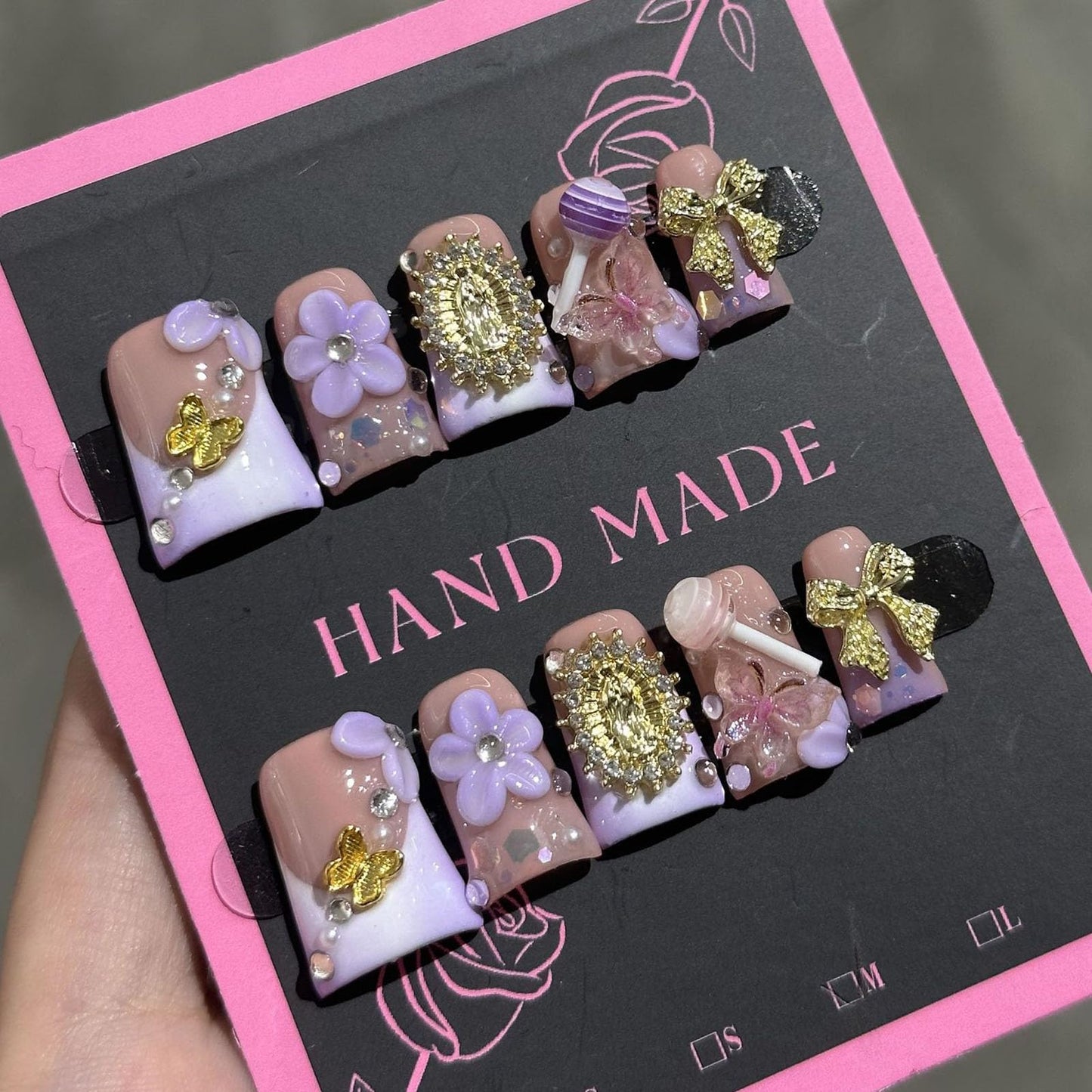 Handmade French Tip Press on Nails Short Duck Fake Nails with 3D Flower Butterfly Rhinestones Candy Bow Designs Duck Nails Press on Purple Gold Nude False Nails Glossy Acrylic Nails for Women 10Pcs(M)