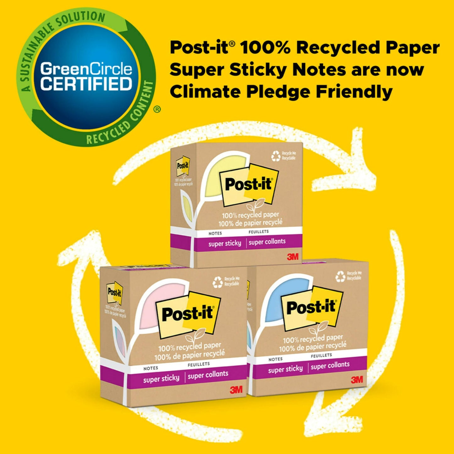 Post-it 100% Recycled Paper Super Sticky Notes, 3 in. x 3 in., 24 Pads, 70 Sheets per Pad, Oasis Collection, School Supplies and Office Products