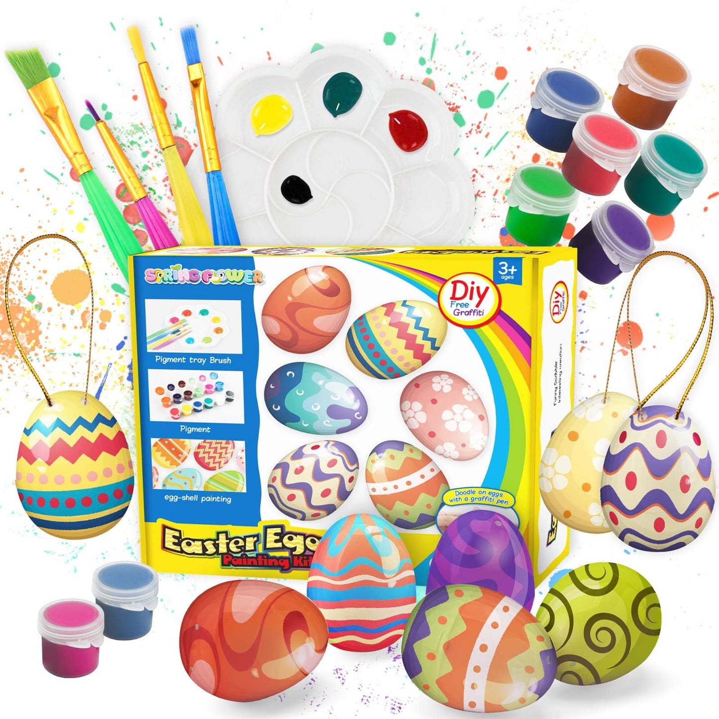 SpringFlower White Easter Eggs Painting Kit-24 Paintable Flocking Eggs with Doodle Kit for DIY Design-Hanging Flocking Eggs with Rope for Easter Decoration,Egg Hunts,Basket Stuffers & Essentials