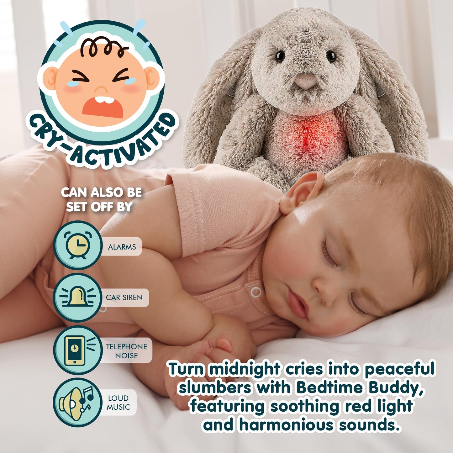 Gemma Joy Bedtime Baby Soother with Cry Activated Sensor, Plush Stuffed Animal for Newborn Infants - Bunny Non Rechargeable and Elephant Rechargeable - (2pcs)