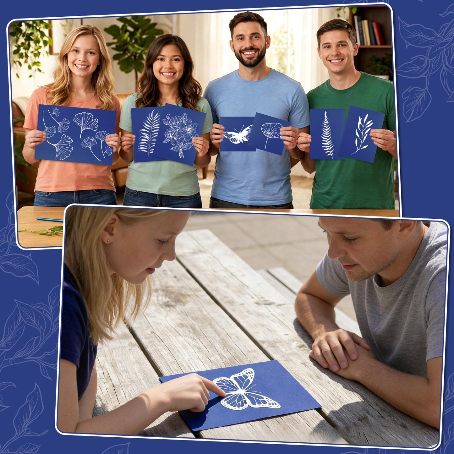 gisgfim Sun Cyanotype Printing Paper Kit A4 A5 A6 4 inch Paper 100 Sheets with 2 Sheet PVC Board and 1 Pc Manual High Sensitive Nature Solar Activated UV Sun Printing for Arts DIY Crafts Project
