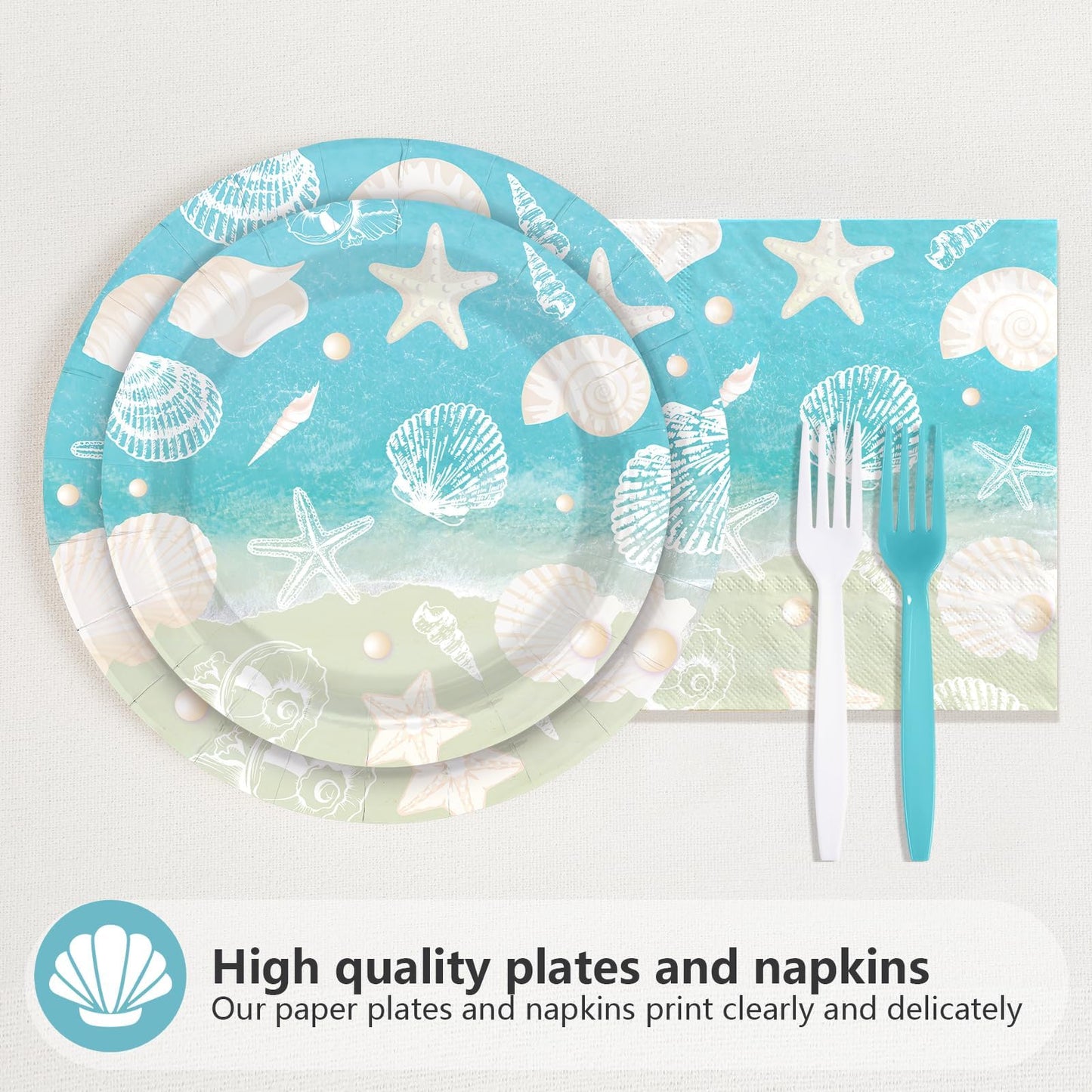 Greencian 200Pcs Seashell Beach Party Decorations Beach Seashell Starfish Plates and Napkins Disposable Ocean Themed Party Tableware Sets for Birthday Baby Shower Wedding Supplies Serves 50