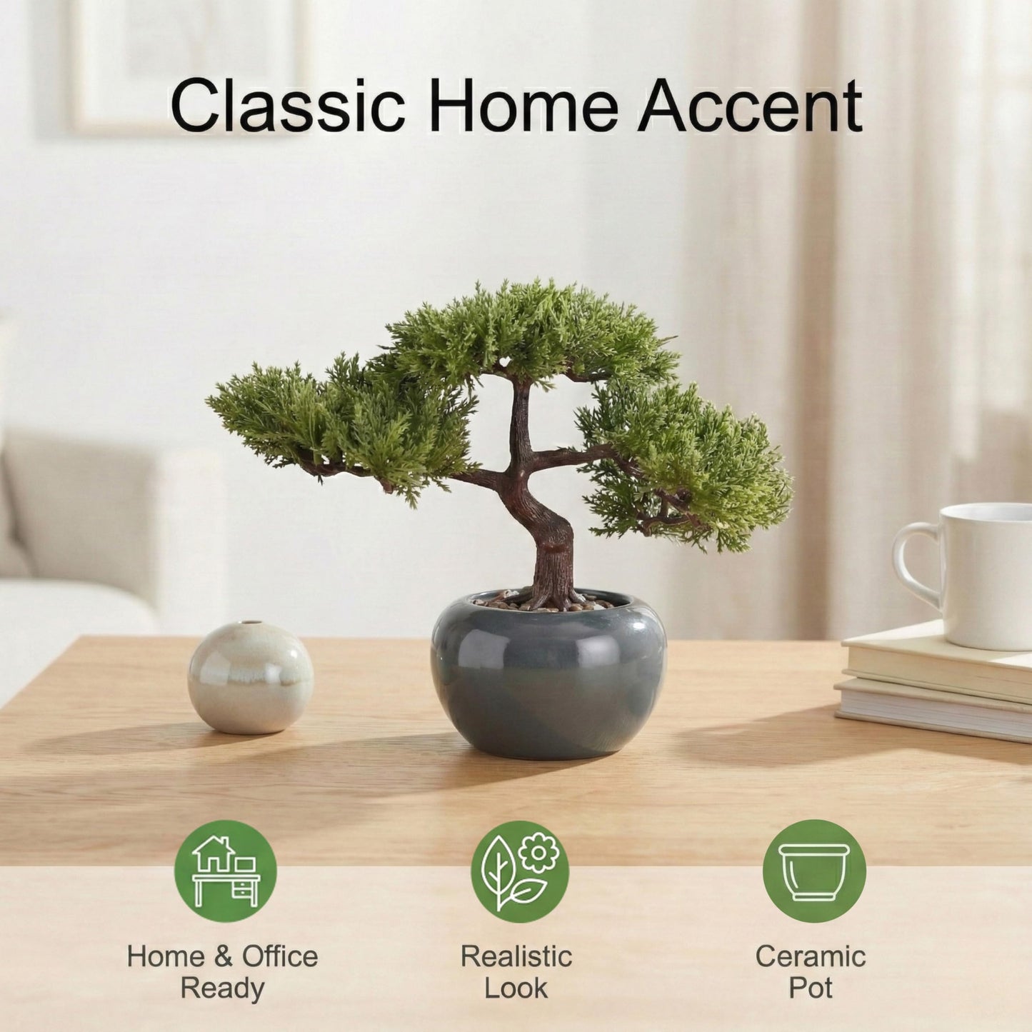 CZWBE 9.5 Inch Artificial Bonsai Tree with Ceramic Pot - Decorative Fake Plant for Home Office Living Room Window Sill, Fake Plants for Year-Round Decoration（Gray）
