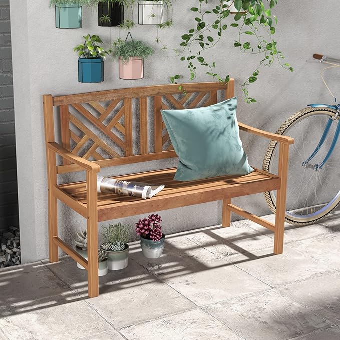 Giantex Outdoor Wooden Garden Bench - 2-Person Acacia Wood Loveseat with Armrests, Backrest, 800lbs Capacity, Patio Park Bench for Backyard, Front Porch Bench (Non-Foldable)