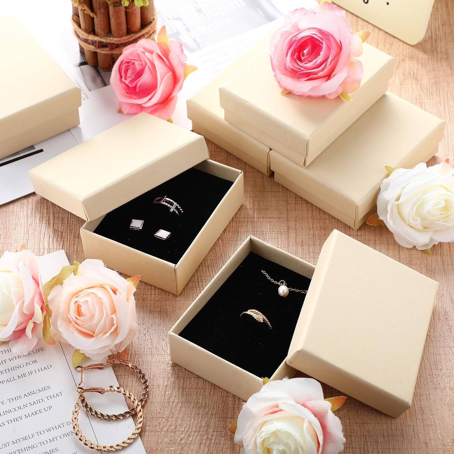 Sasylvia 36 Pcs Jewelry Cardboard Gift Boxes Packaging Necklace Ring Earring Storage Box with Cushion 3.5x2.8x1.2 Inch (Beige Yellow)
