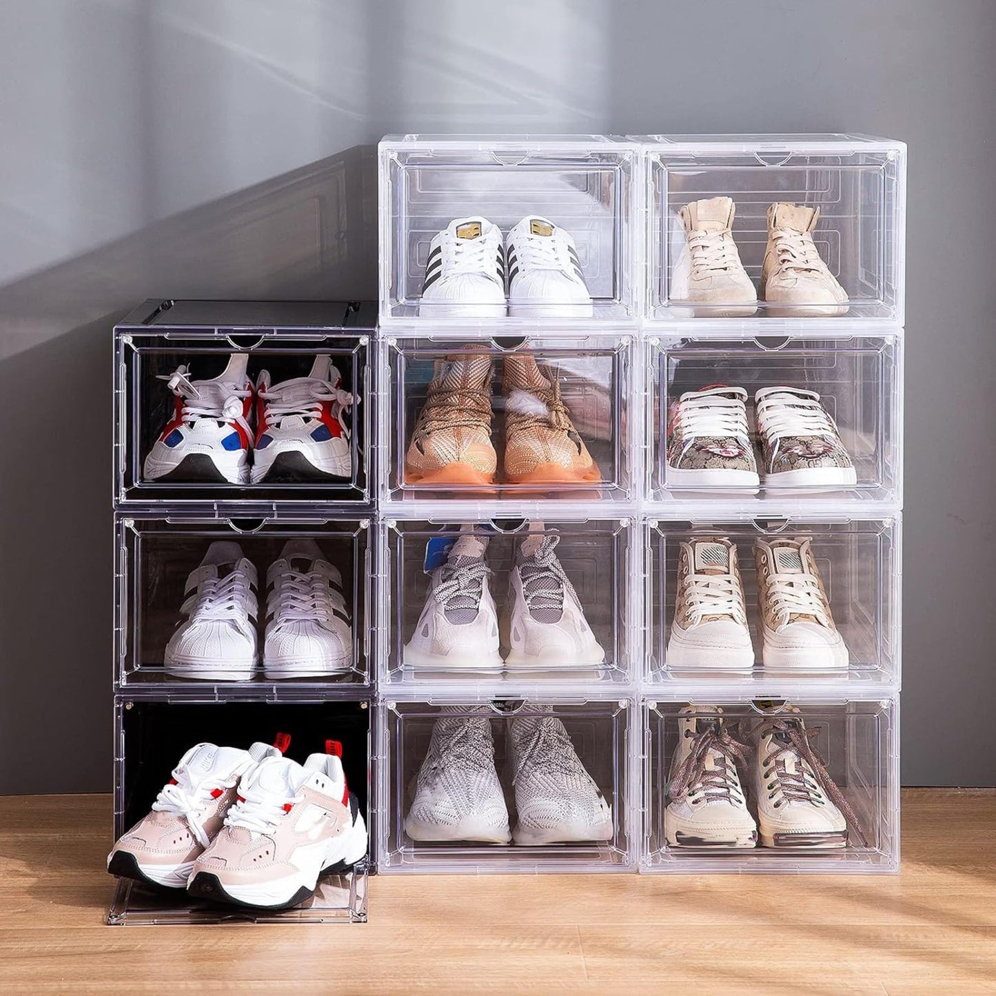 Attelite Shoe Box,Set of 6,Stackable Plastic Clear Shoe Box Organizer with Magnetic Door,Shoe Storage Box Thicken Sturdy,Easy Assembly,Fit up to US Size 12,Black