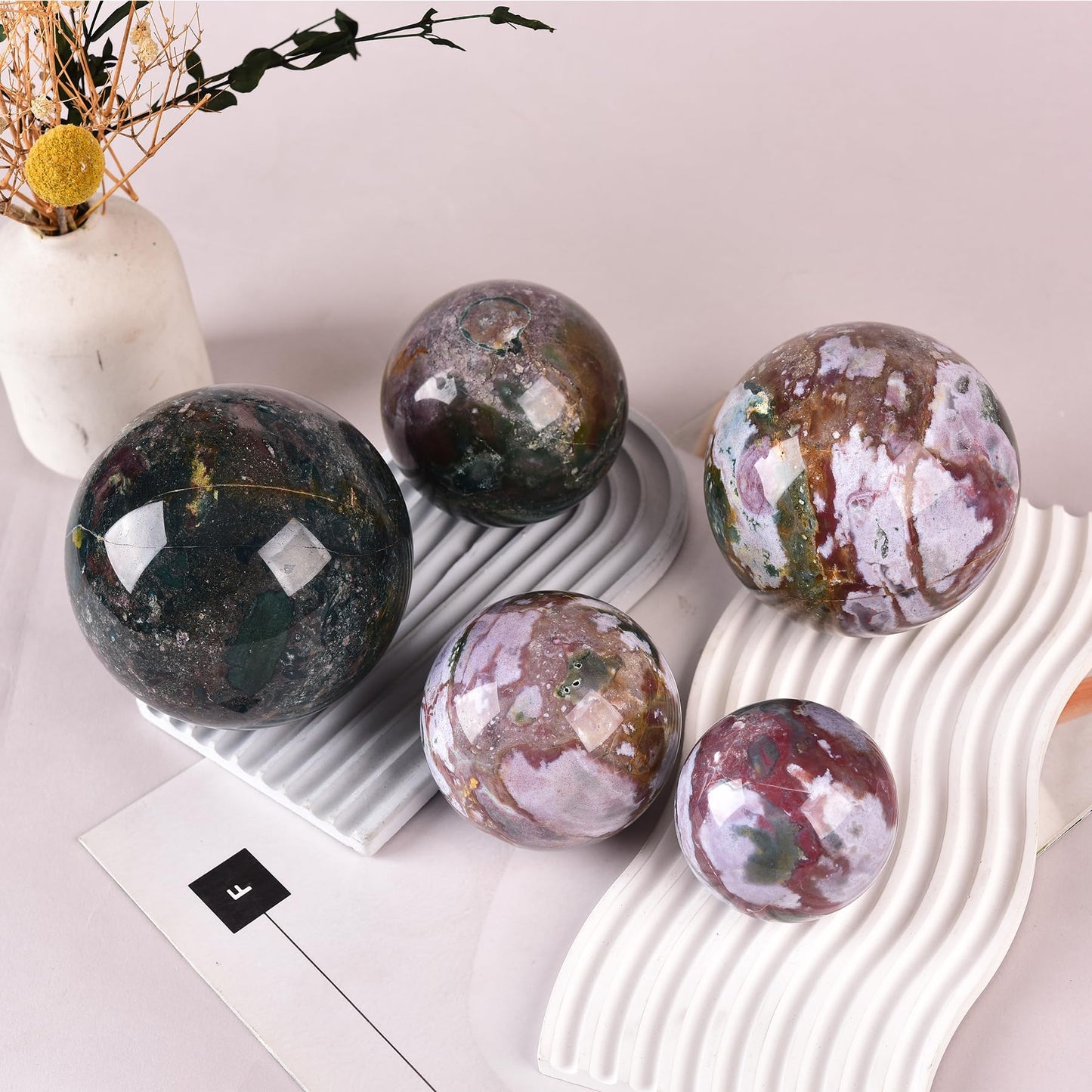 JIC Gem Natural Ocean Jasper Crystal Sphere Decorative Ball with Wooden Stand Meditation Balls for Witchcraft Reiki Healing Gift 50-60mm