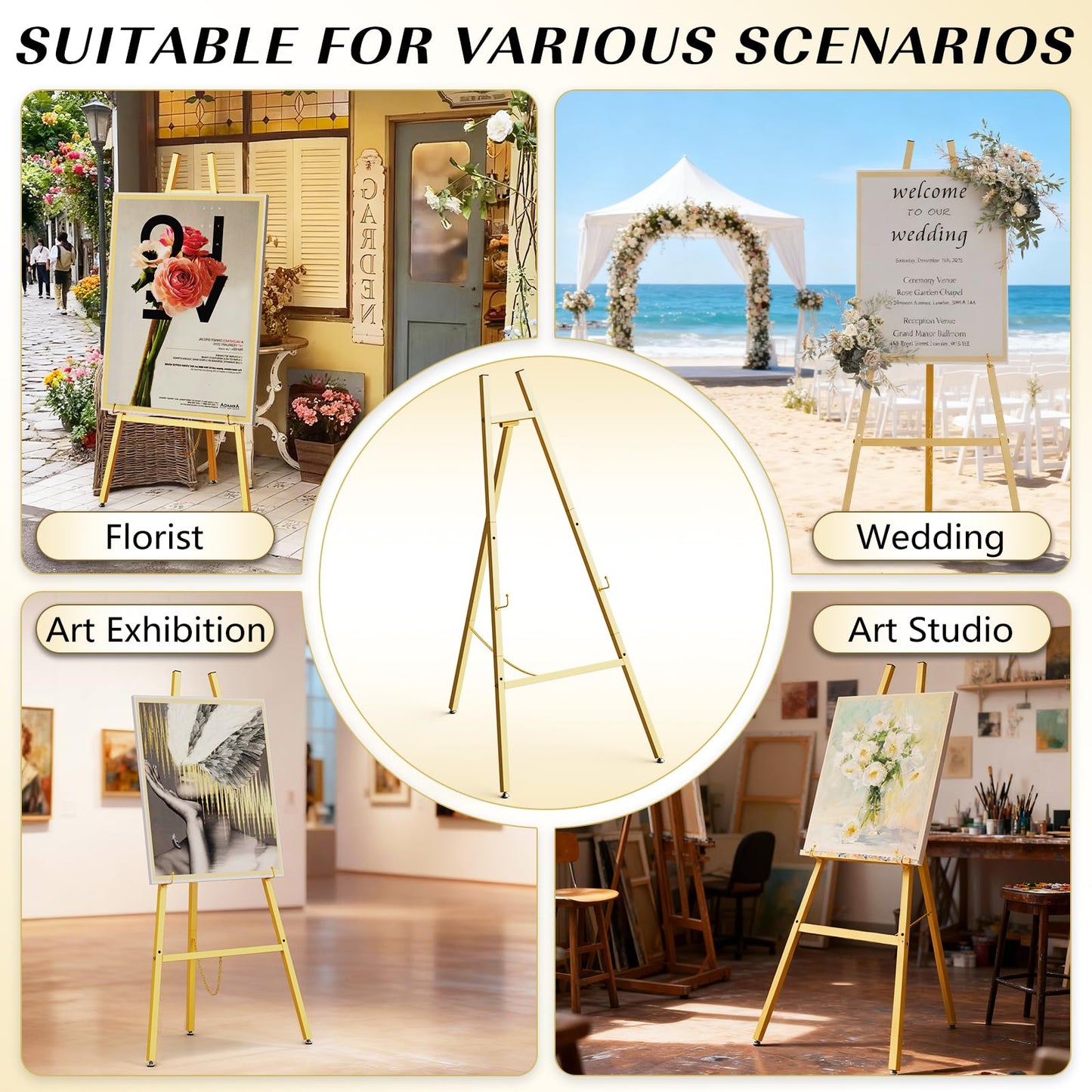 Gold Easel Stand for Sign, Heavy Duty Metal Display Easel with Adjustable Chain, Art Easel for Painting, Wedding Sign, Posters & Commercial Display
