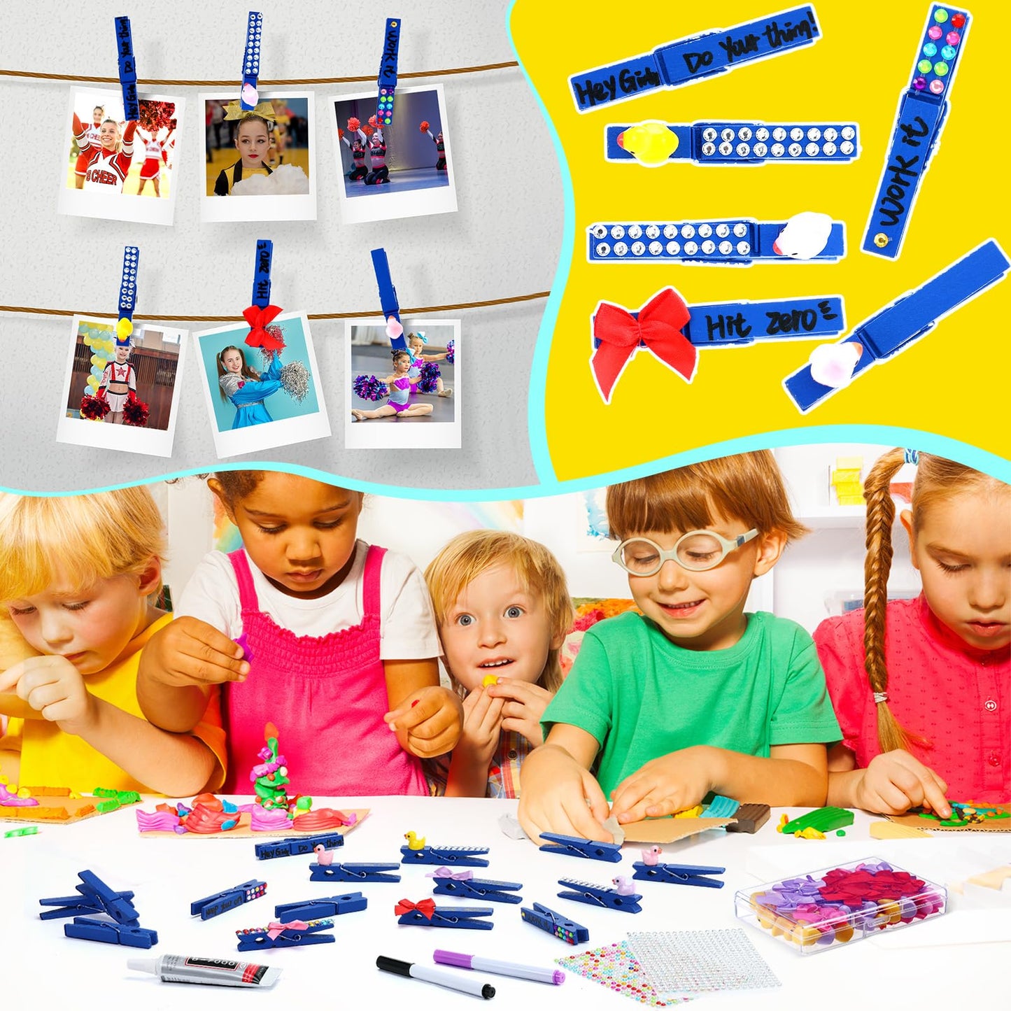 Dingion 60 Set Cheer Pins Spirit Clips Include 60 Wooden Clothes Pin Resin Ducks Bows Self Adhesive Glitter Sticker Pen Glue Ribbon for DIY Cheer Accessory Schoolbag Decor Team Craft Gift(Blue)
