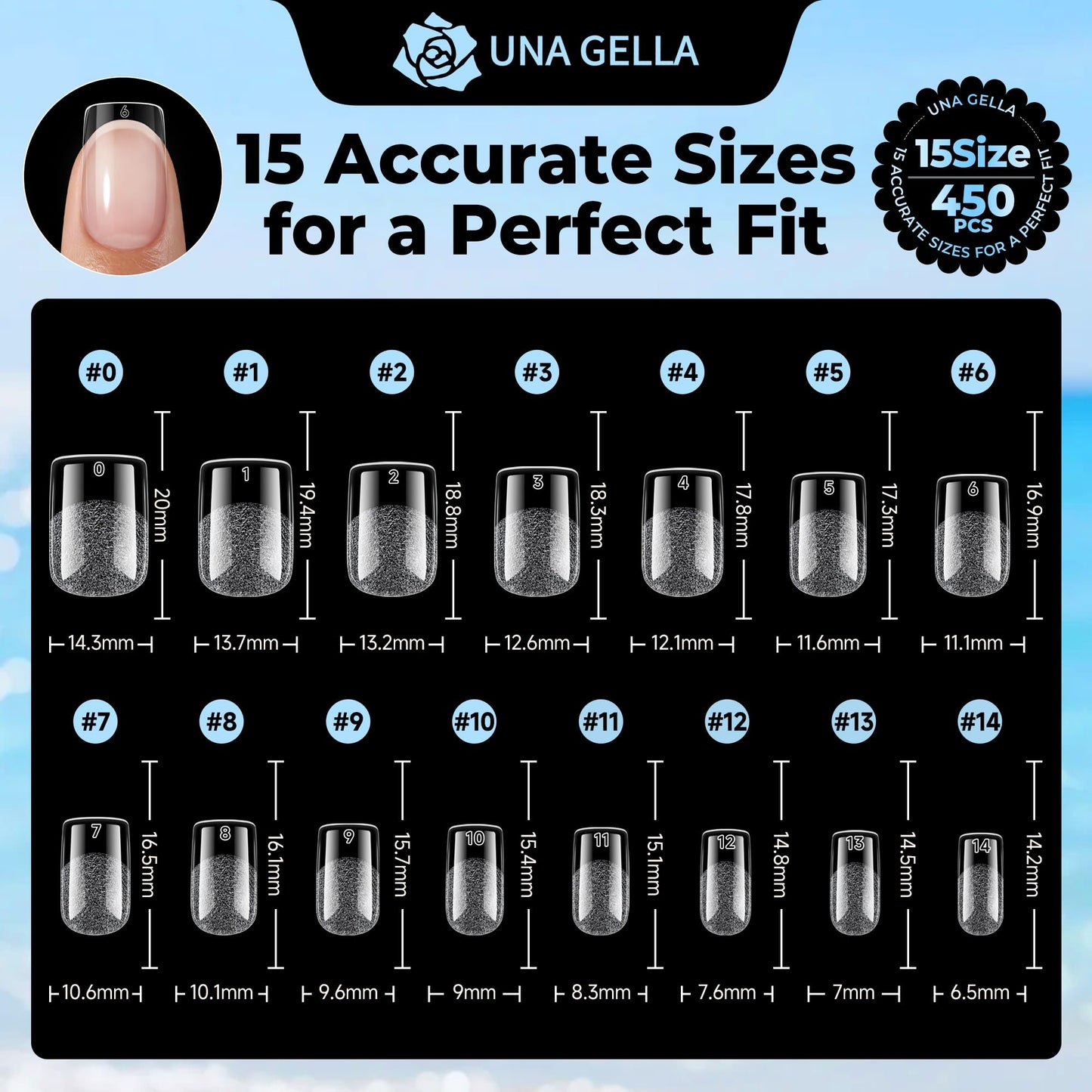 UNA GELLA Short Square Gel Nail Tips 450PCS 15 Sizes Full Cover Pre-etched Soft Gel Square Tips Acrylic Fake False Nails Extensions Easy DIY Art Salon Press On Nails Long-Lasting Hold