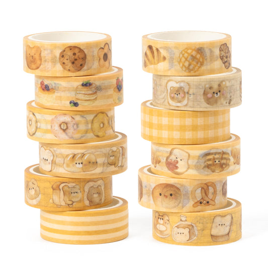 BkeeCten Bakery Bless Washi Tape - 24 Rolls Cute Donut Bear Waffle Bakery Washi Colored Masking Painters Scrapbook Decorative Art Tape Set DIY Crafts Self Adhesive Gift Wrapping Scrapbooking Supplies