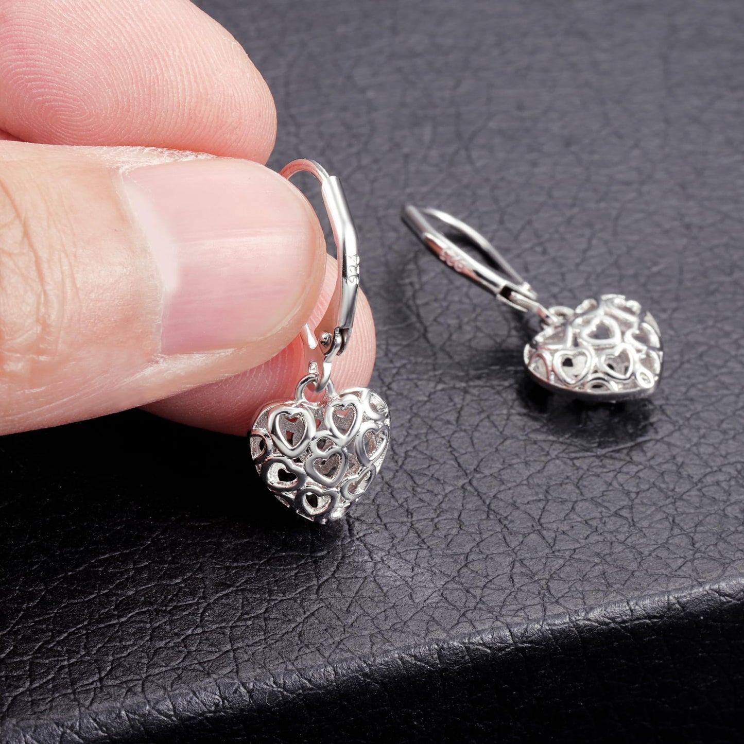 LANCHARMED 925 Sterling Silver Heart Dangle Drop Earrings for Women, Trendy French Style Silver Leverback Earrings, Hypoallergenic Jewelry