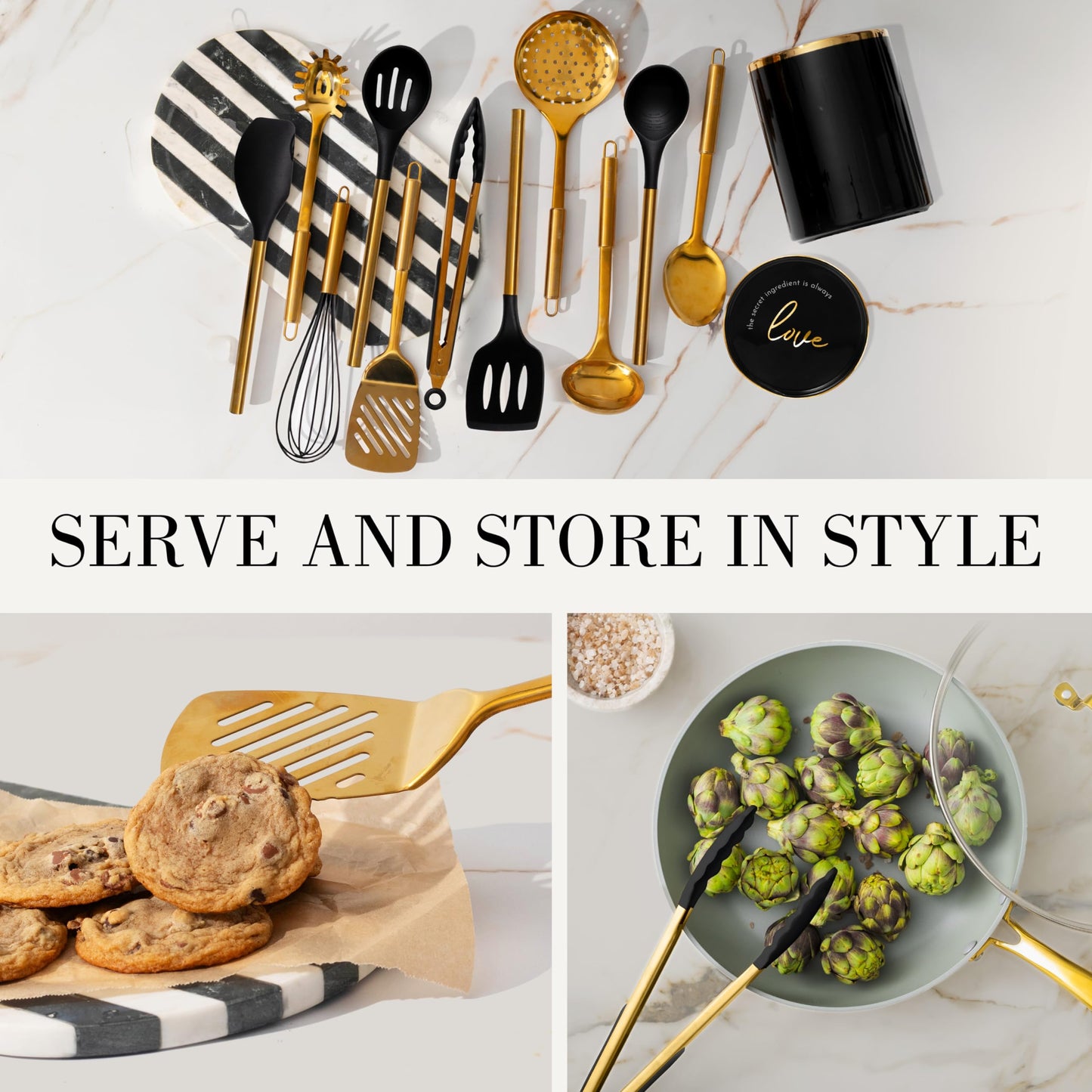 STYLED SETTINGS Black and Gold Cooking Utensils Set - 13-Piece Kitchen Set with Black Ceramic Utensil Holder and Stackable Gold Spoon Rest - Luxury Kitchen Accessories for Stylish Cooking and Serving