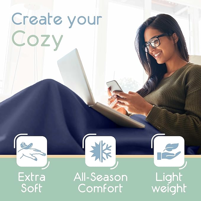 Microfleece Queen Size Blanket | Supersoft Lightweight Throw Blanket | All-Season Comfort | Navy