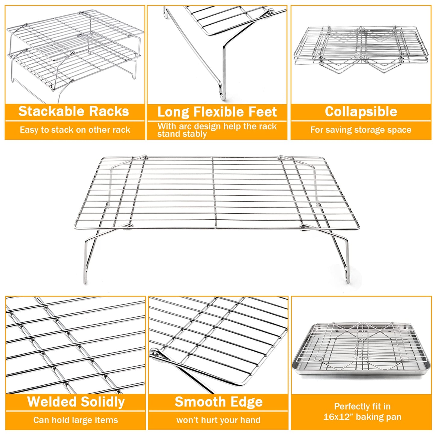 TeamFar Cooling Rack, 5-Tiers Stainless Steel Baking Cooling Wire Rack for Baking Roasting Cooking, Healthy & Firmly Weld, Stackable & Collapsible, Dishwasher Safe, 15”x10”