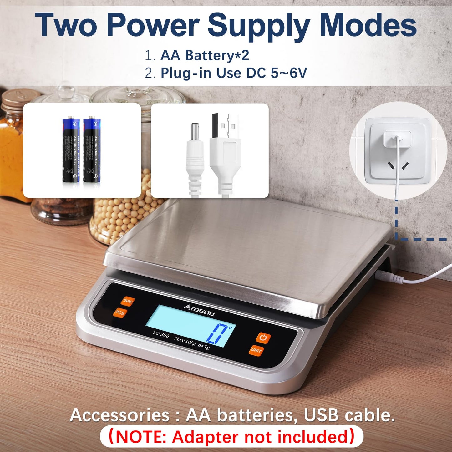 Atogou 88lb Food Scale, Commercial Kitchen Scale Plug-in Usable with Full View LCD Display, Stainless Steel, for Baking, Bread, Cooking, Meat, Vegetables, Farm, Industry LC200 Silver