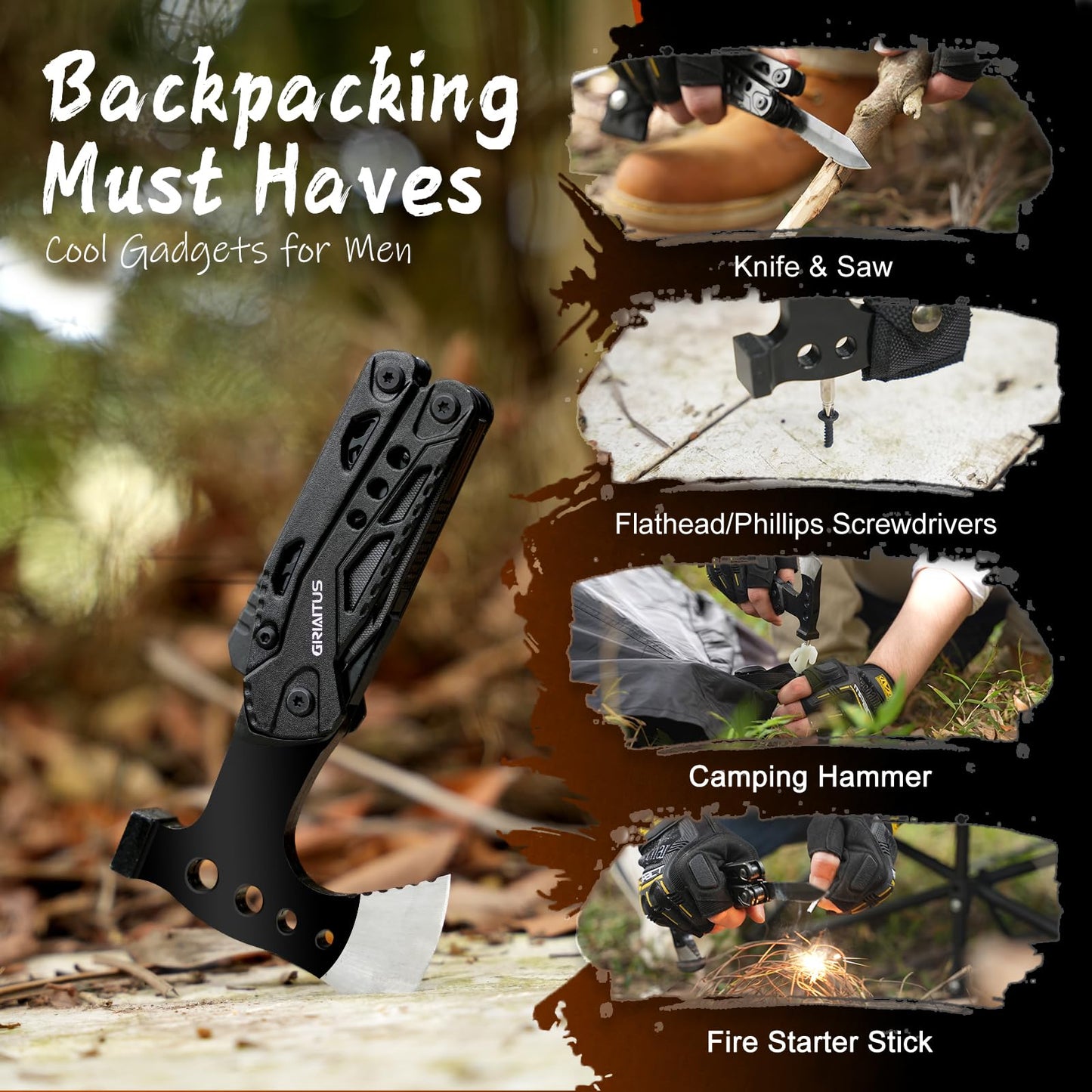 Camping Essentials Multitool Camping Accessories Gifts for Men 16 in 1 Multi Tool Survival Gear with Axe Hammer Pliers Saw Screwdrivers Bottle Opener Whistle for Camping Hiking, Gifts for Dad Him