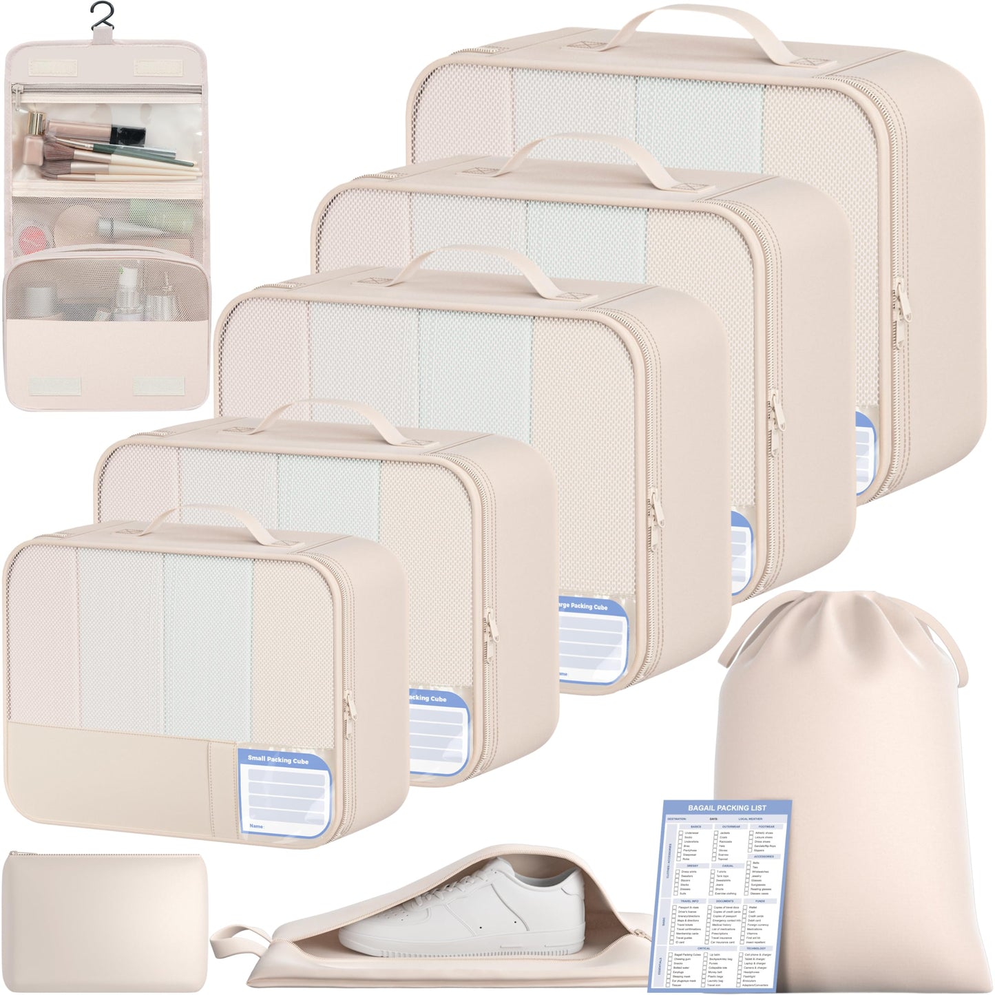 BAGAIL 9 Set Packing Cubes with Packing List Luggage Packing Organizers for Travel Accessories (Cream)