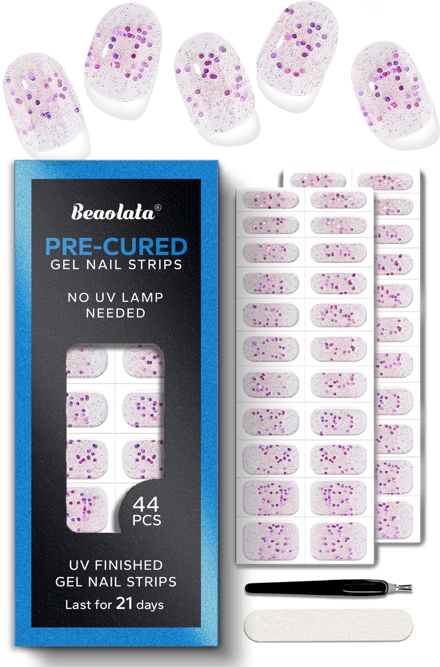 Beaolata Real Gel Nail Strips (No UV Light Needed) - 44Pcs Salon Quality Nail Stickers - Long Lasting Polish Wraps for Women, Easy Apply & Remove (Amethyst Glitter Purple)