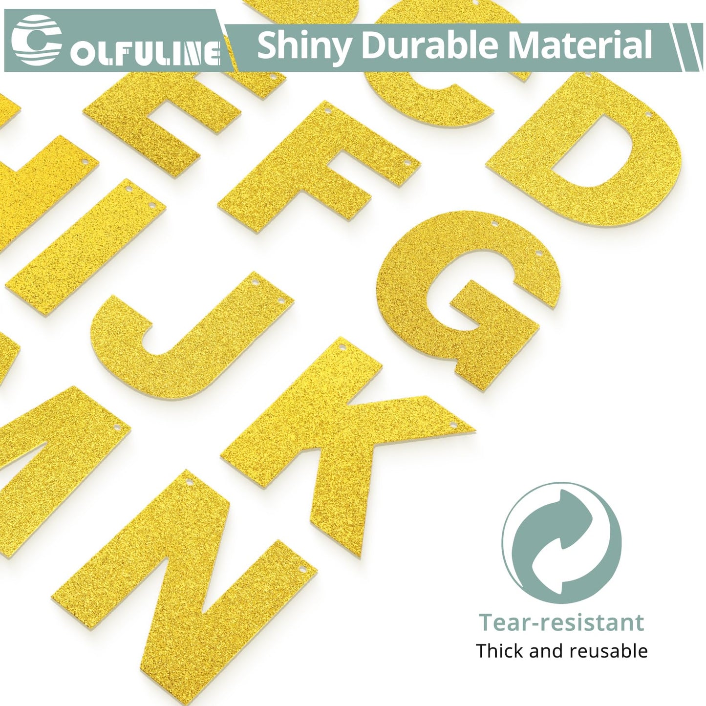 COLFULINE DIY Customizable Glitter Letter Banner Kit, 107 PCS Gold Letters and Numbers with Rope & Threading Tool, Reusable Glitter Cardstock Sign for Birthday, Wedding, Baby Shower Decoration