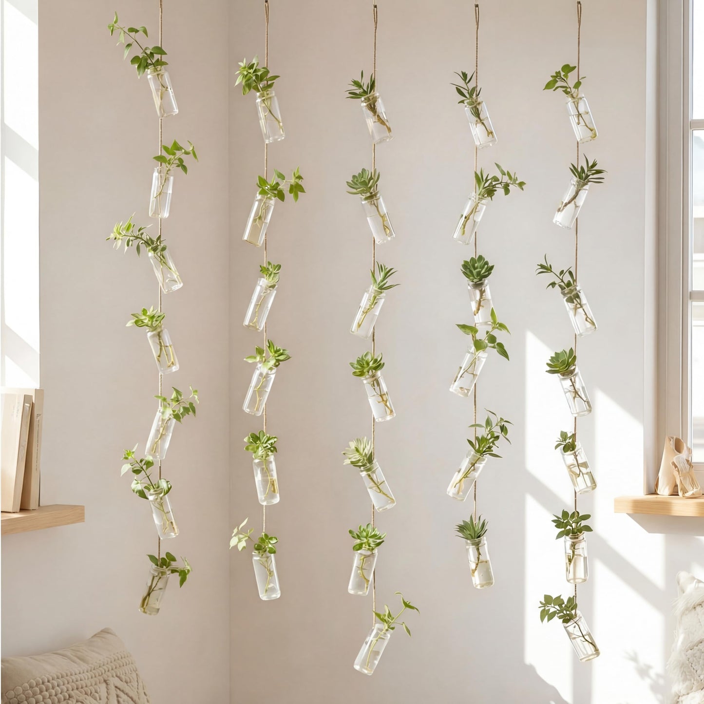 Ferrochef 40 Pcs Hanging Plant Propagation Jars Mini Glass Hanging Planters Glass Hydroponic Plant Cutting Bottles with Rope Window Wall Planter for Indoor Plants Home Decor