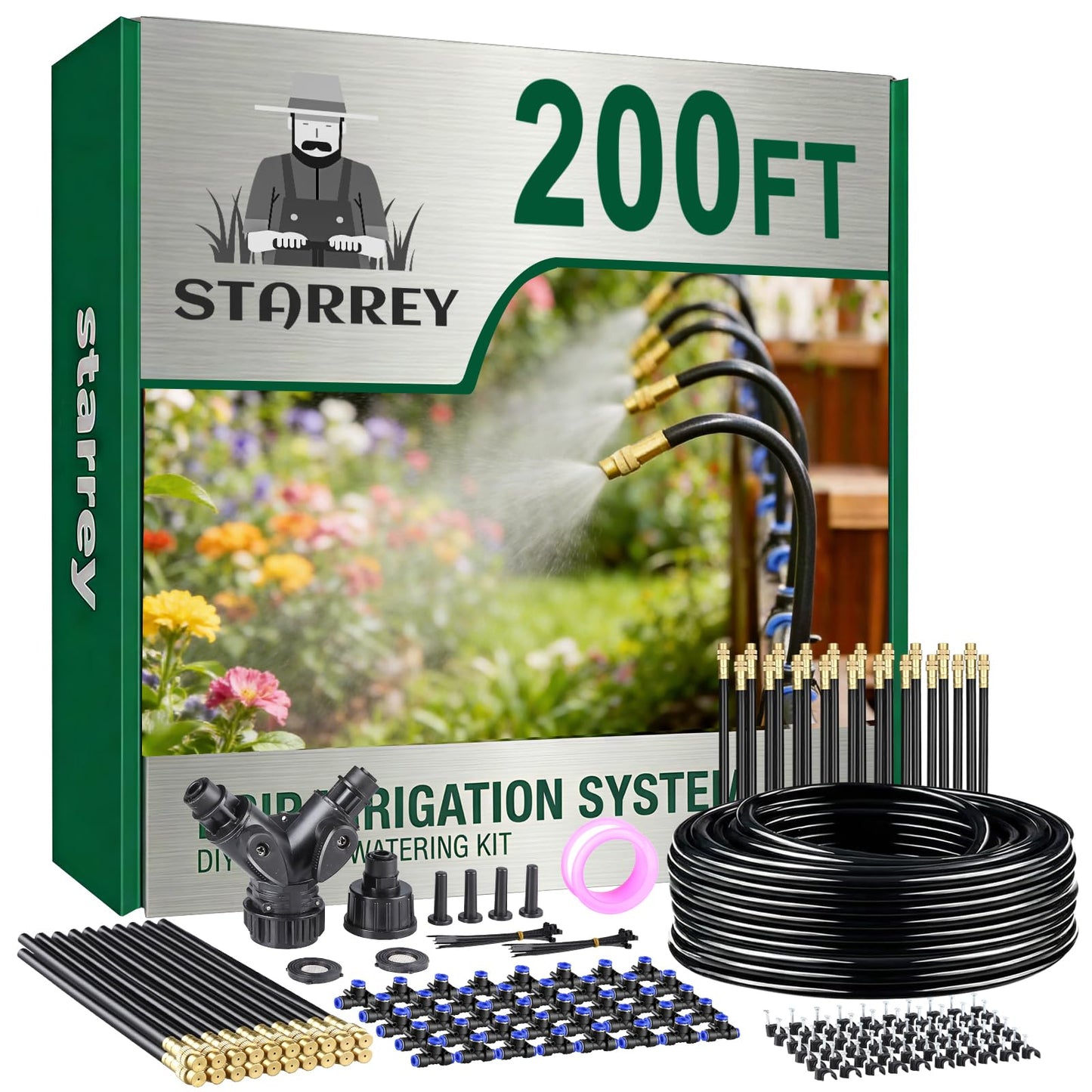 Starrey Drip Irrigation System, 2026-Upgrade 200Ft 1/4" Garden Watering System with 40 Pcs 360° Adjustable Copper Nozzles, DIY Kit for Garden, Lawn, Greenhouse, Raised Beds & Outdoor Plants