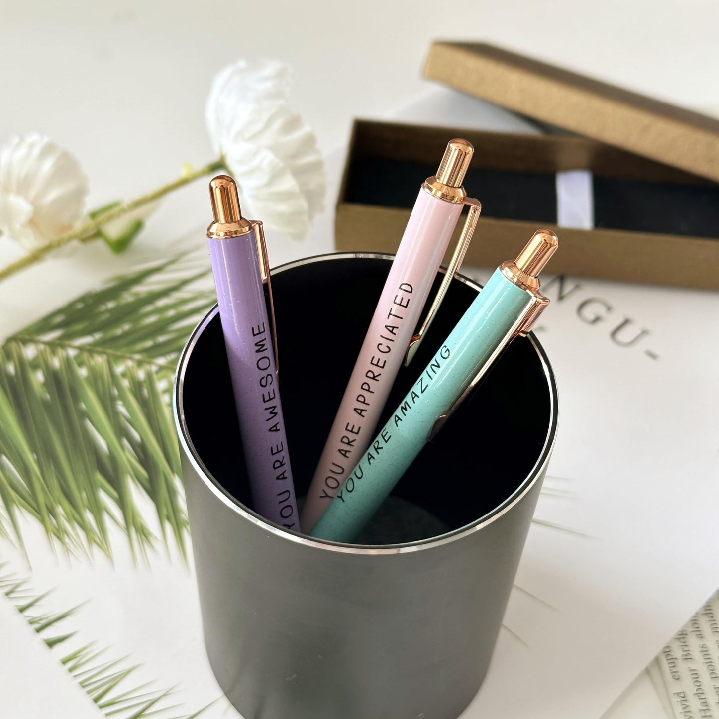 Jxueych Inspirational Metal Pens for Women (3-Pack) - Empowering Quotes: 'AWESOME/AMAZING/APPRECIATED' with Gift Box & Card - Gifts for Nurses, Teachers, Coworkers & Farewells