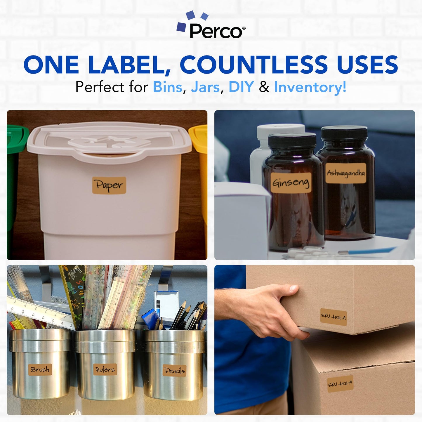 Perco Kraft Brown 1x2 Inch Labels with Perforation for Easy Tear-Off — 500 Stickers Per Roll — Strong Adhesion, Rustic Product Labels for Handmade Goods, Variants & Packaging — Made in USA