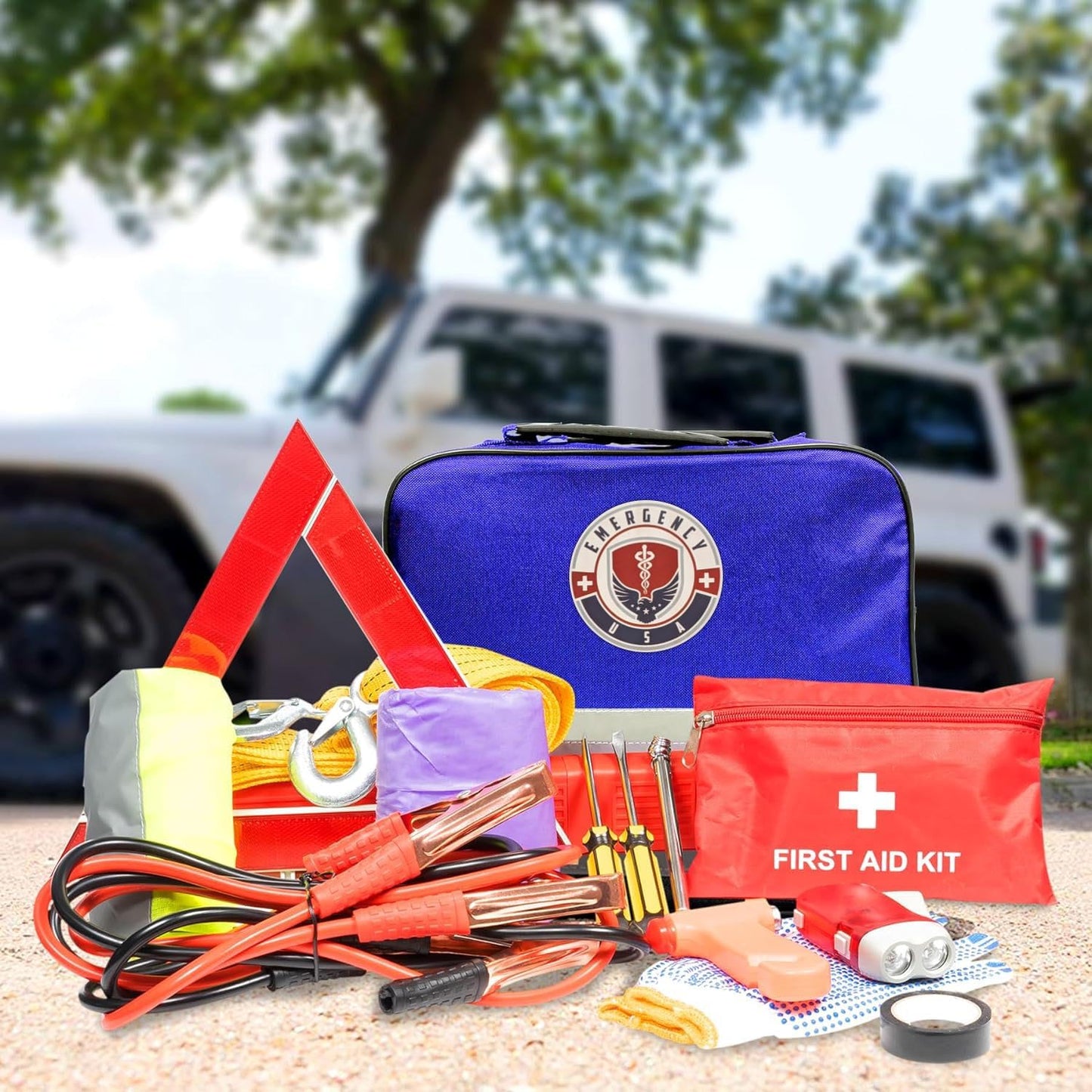 Roadside Car Emergency Kit - First Aid Set, Jumper Cables, Tow Strap, LED Flash Light, Rain Coat, Tire Pressure Gauge, Safety Vest and More (Blue)