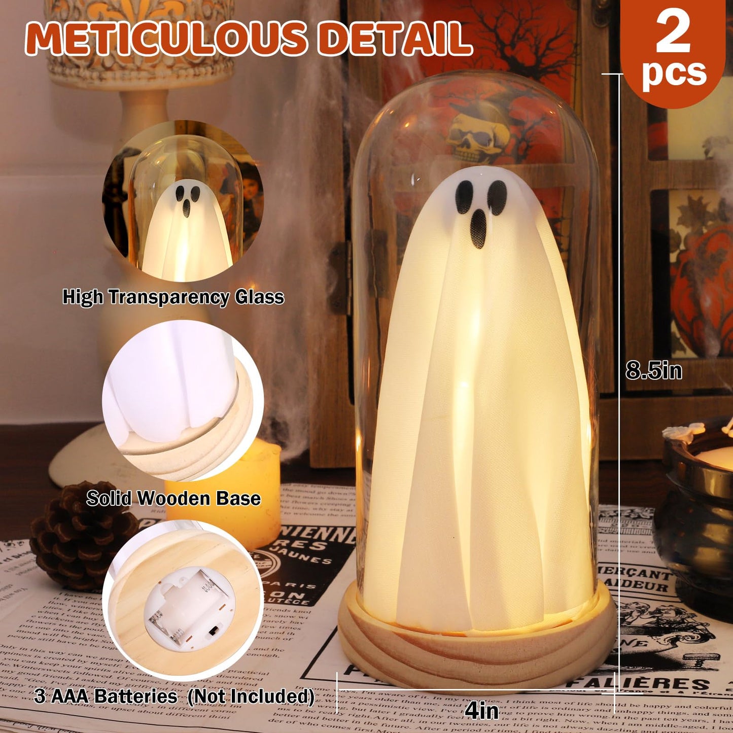 Halloween Decorations Indoor, Light Up Ghosts in Glass Domes with Wood Base, Cute Halloween Decor for Table, Fireplace, Bookshelf – Spooky Halloween Decor Kit (2 Pack)