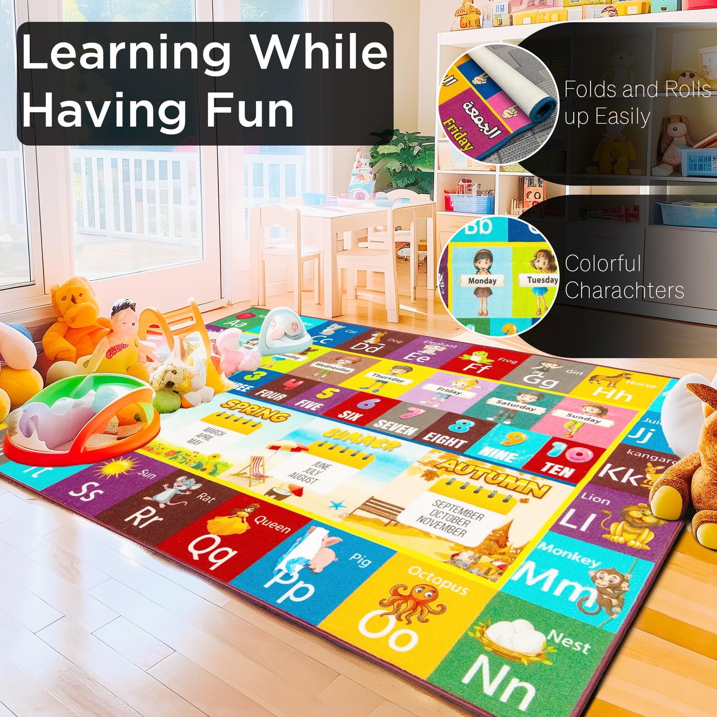 Educational Rug – Non-Slip ABC Carpet for Kids Room – 6.5' x 5' Soft Alphabet Kids Rug for Playroom, Daycare, Preschool, Classroom, Play Mat – Childrens ABC Mat with Letters, Numbers, Animals, Months