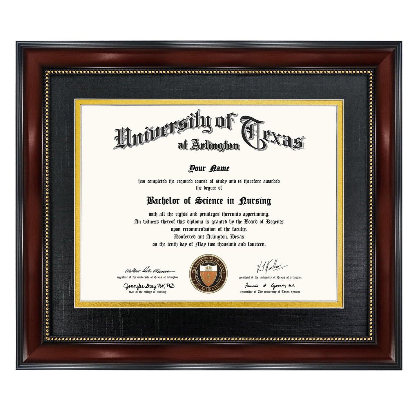 GraduationMall 8.5x11 Diploma Frame with Black over Gold Mat or Display 11x14 Document without Mat, UV Protection Acrylic, Mahogany with Gold Beads