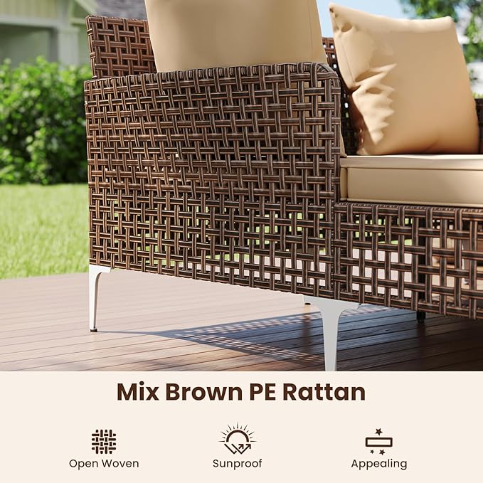 Tangkula Outdoor Rattan Double Daybed, Boho Wicker Chaise Lounge for 2 with Seat & Back Cushions, Outdoor Sunbed Loveseat with Metal Support for Backyard, Poolside & Deck (Brown)