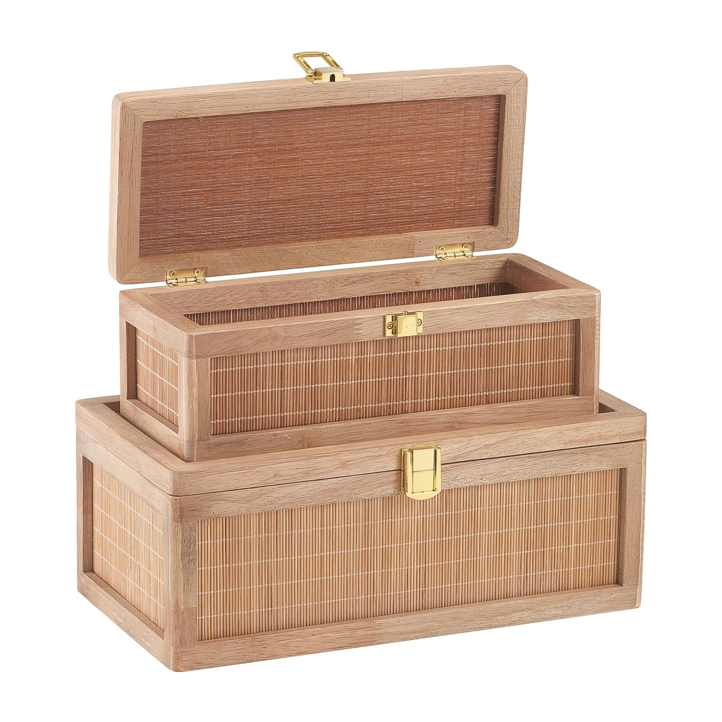 HuiDao Natural Bamboo Decorative Box with Lids, Unique Decorative Boxes Set of 2, Boho Wedding Keepsake Box, Memory Box with Lid for Crafts, trinkets and Photo Storage