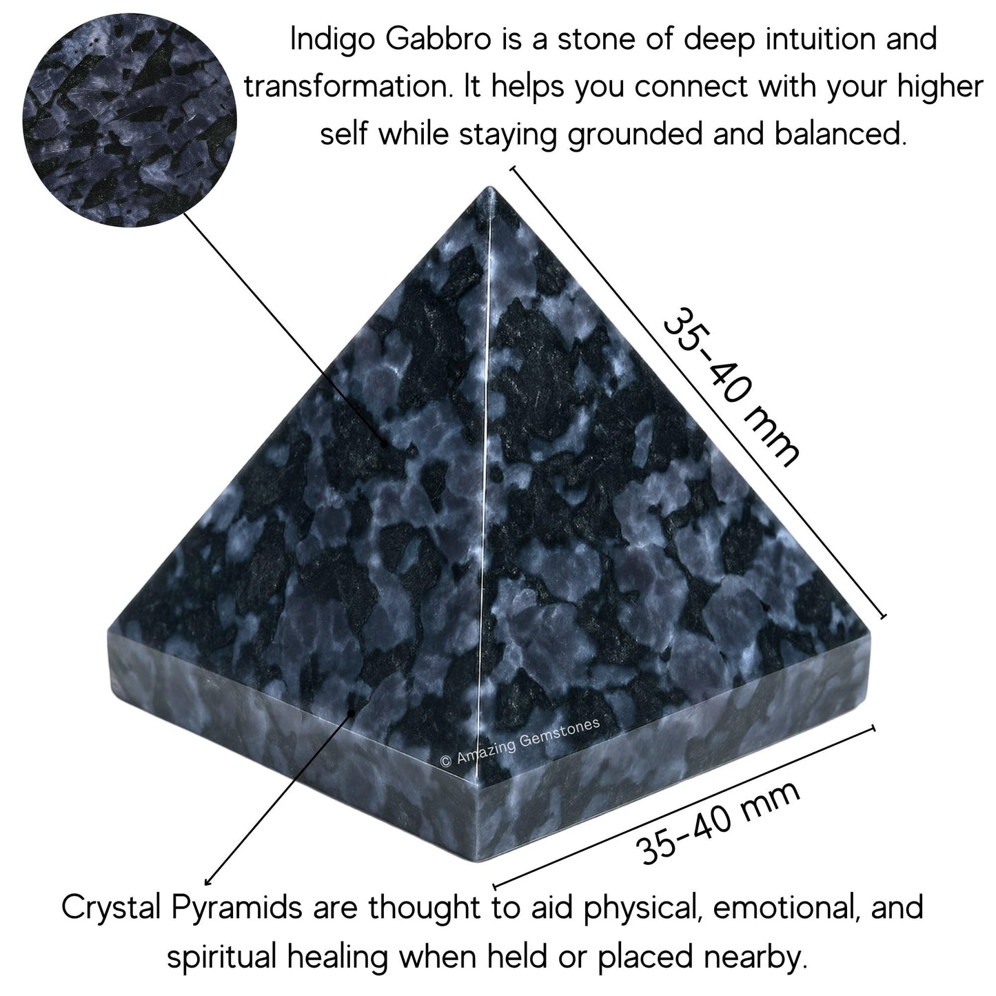 Amazing Gemstone Indigo Gabbro Pyramid Crystal Healing Stones - 1.5" Great Pyramid Figurine of Natural Stone Pyramid for Meditation, Reiki, Chakra Balancing and Crystal Pyramids Grid